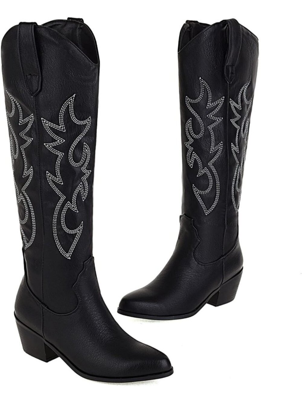 Women's Black Knee High Cowgirl Boots Pointed Toe Chunky Heel Cowboy Suede Shoes